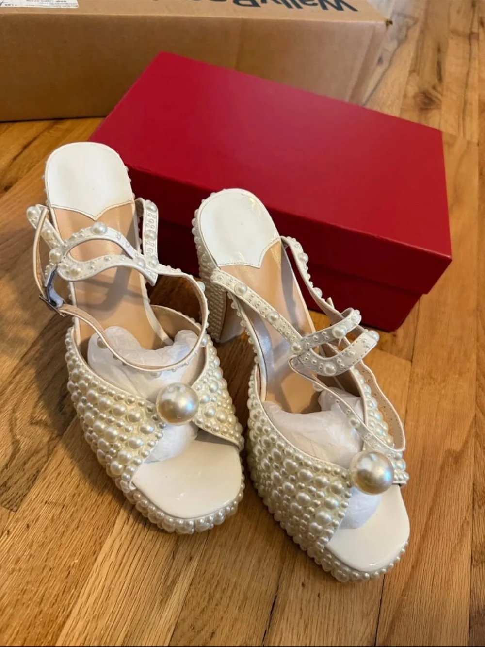 Pearl-Embellished Ivory Platform Sandal with Ankle Strap